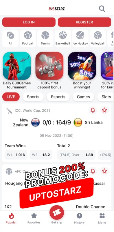 Interfejs 888starz pokazujący gry i bonusy